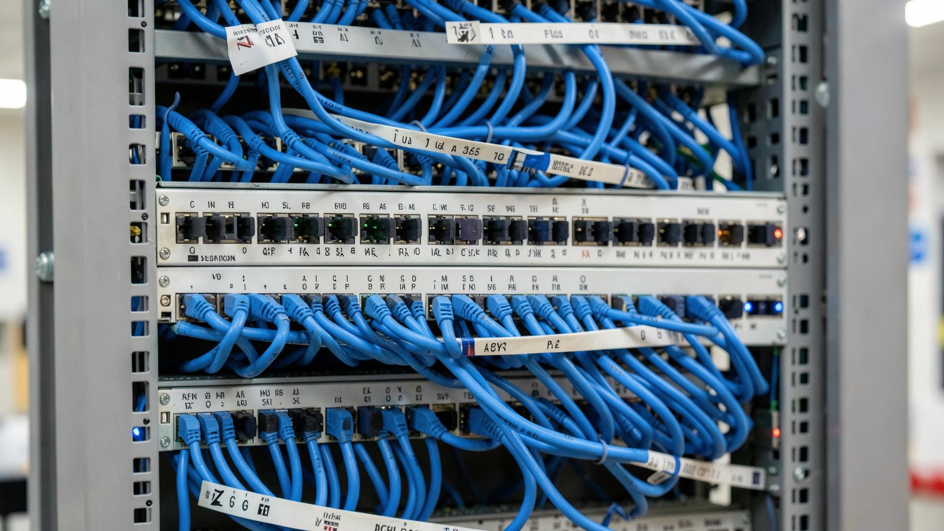 Rack de telecom com cabeamento estruturado organizado e identificado