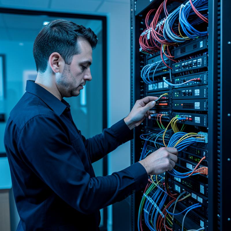 Técnico organizando cabeamento em rack de telecom