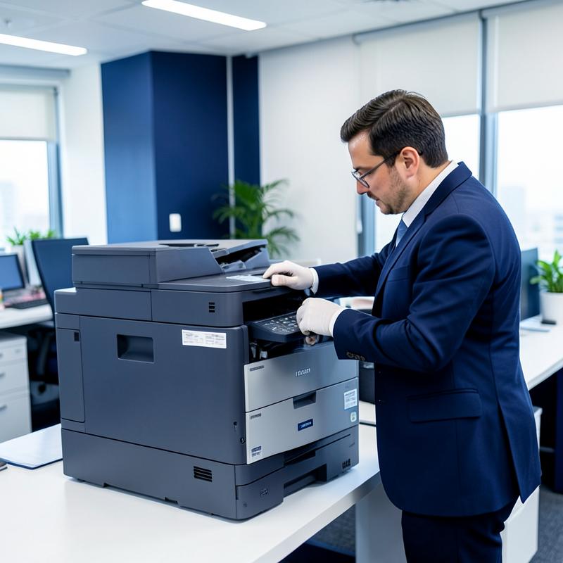 Técnico realizando manutenção em impressora corporativa